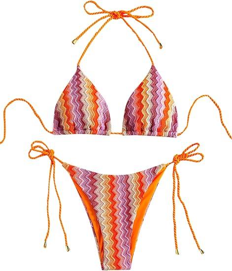 ZAFUL 2 Piece Triangle Bikini for Women Knitted Rope Halter Bikini Sets Sexy Bathing Suit Side Tie Swimsuits Beachwear, Orange, M