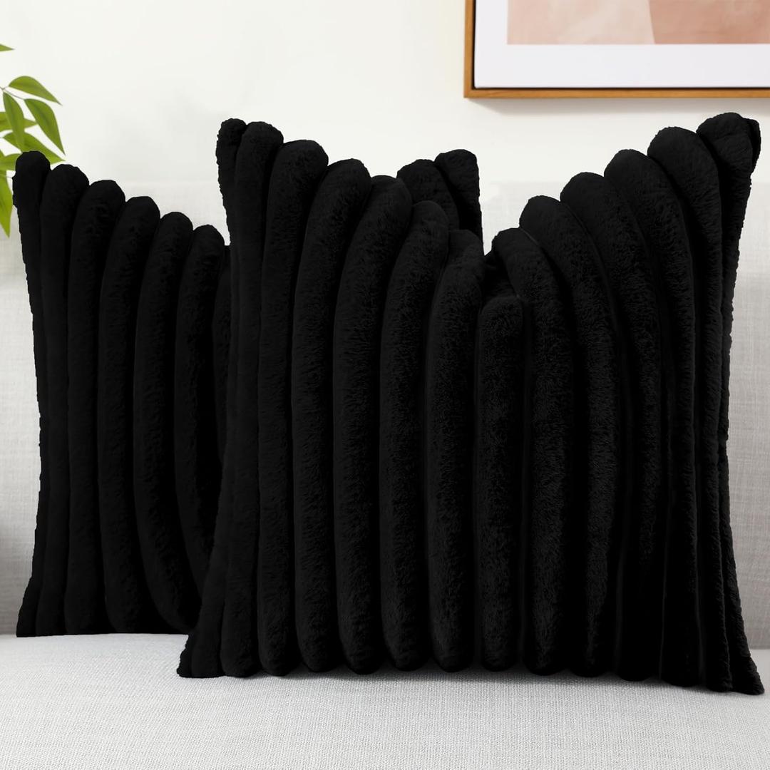 DecorUhome Cozy Faux Fur Spring Throw Pillow Covers 16x16 Set of 2 Decorative Soft Plush Striped Modern Farmhouse Boho Couch Pillow Cases with Velvet Back for Sofa Bed Living Room, Black