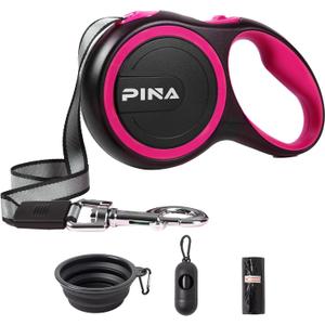 PINA Retractable Dog Leash, 26ft Dog Leash for Small Medium Large Dogs Up to 110lbs, 360 Tangle-Free Strong Reflective Nylon Tape, with Anti-Slip Handle, One-Handed Brake, Lock - Black Pink