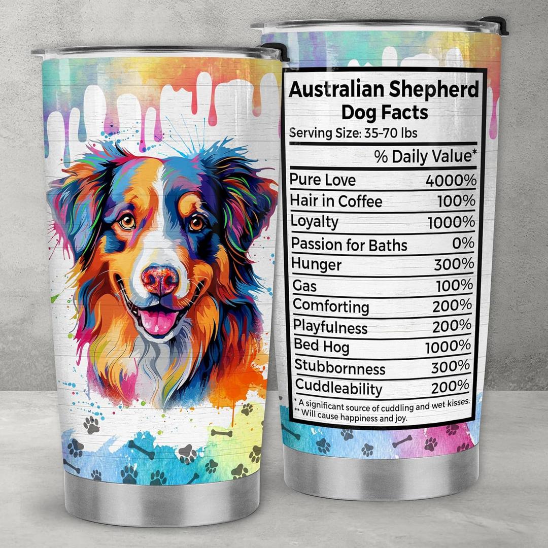 Australian Shepherd Tumbler 20oz Funny Nutrition Facts Design for Pet Lovers Gift for Aussie Owners, Dog Mom Dad Colorful Stainless Steel Insulated Travel Coffee Mug