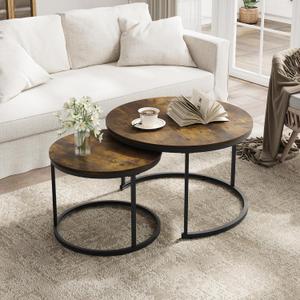 Smuxee Rustic Nesting Coffee Table Set of 2, 27.6" Round Coffee Table Wooden Marble Pattern with Adjustable Non-Slip Feet, Industrial End Table for Living Room Bedroom Balcony