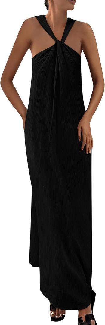 PRETTYGARDEN Womens 2025 Casual Long Summer Dresses Sleeveless Strappy Loose Flowy Beach Vacation Maxi Dress with Pockets (Small, Black)