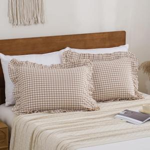 Tan Gingham Ruffle Pillow Cases 100% Washed Cotton Like Linen Feel Soft Comfy Standard Size Plaid Checkered Cute Fall Bedding Pillow Cover Shams Set of 2 Pack (20x26 Inches, Envelope Closure)