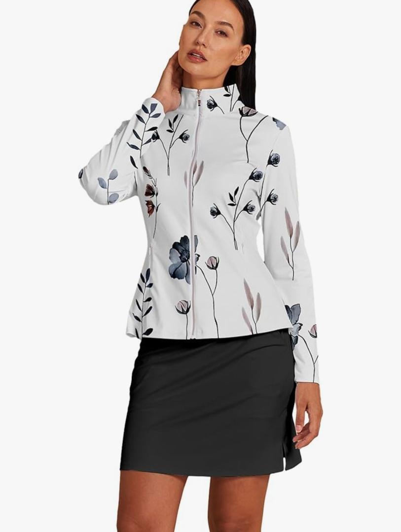 ACEGOLFS Women's Golf Jackets Lightweight Zip up Athletic Jacket Women Long Sleeve Floral Printed Pullover Ruffle Workout Top XL
