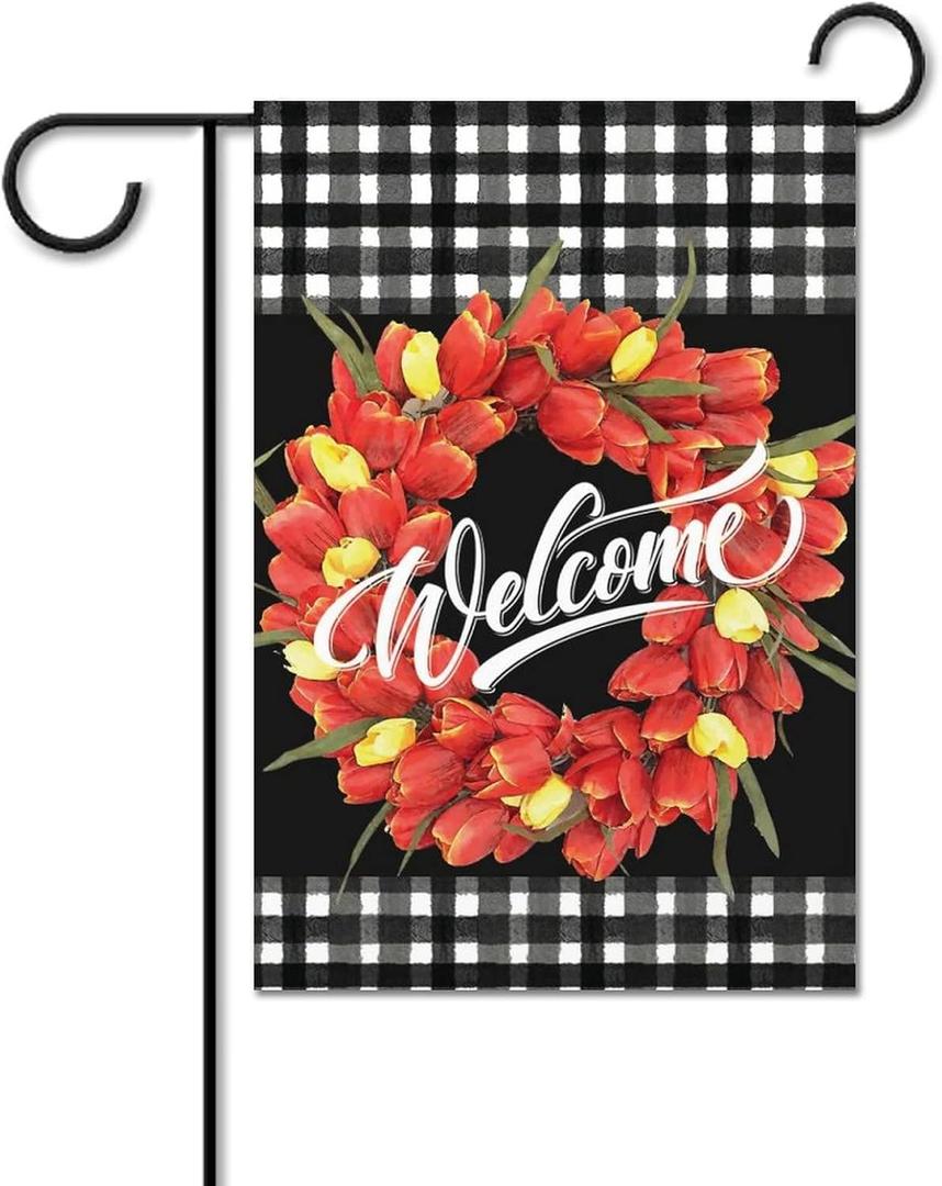 Watercolor Buffalo Check Plaid Garden Flag Tulips Double Sided Seasonal Garden Flag 40x27 Inch for Outdoor Decor Holiday Festive Yard Flags,Rustic Welcome Banner House Flag Home Decor