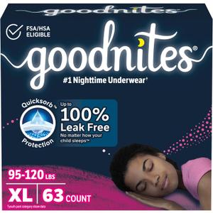 Goodnites Girls' Nighttime Bedwetting Underwear, Size Extra Large (95-120 lbs), 63 Ct (3 Packs of 21), Packaging May Vary