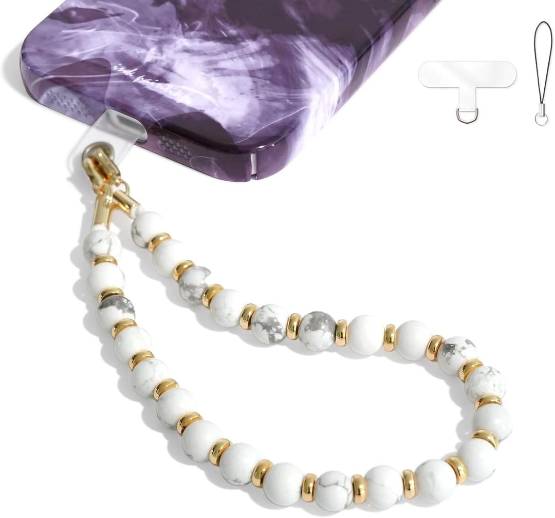 DALSTONE Authentic Gemstone Beaded Phone Wrist Strap, Detachable Phone Bracelet Strap with Tether Tab (White Marble)