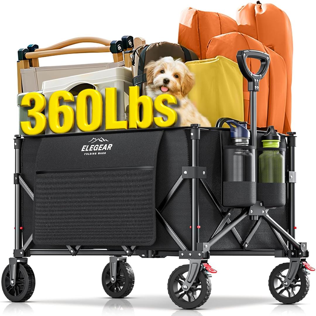 Elegear Wagon Cart Foldable Collapsible 150L 360LBS - Heavy Duty Large Capacity Utility Beach Wagon with 360 All-Terrain Wheels & Smallest Folding Design for Camping Garden Grocery Sports Shopping (Black)
