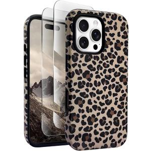 J.west Compatible with iPhone 16 Pro Max Case6.9 inch with 2 Pack Tempered Glass Screen Protectors Cute Animal Leopard Hybrid Cover for Girls Women Aesthetic Protective Phone Cases Cheetah