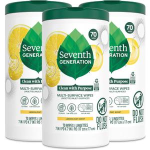 Seventh Generation Multi Surface Wipes, Pack of 3, for all purpose cleaning, lemon zest scent with 100% essential oils and botanical ingredients, 70 ct each