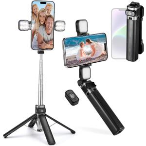 MQOUNY Mini iPhone Tripod Stand & Selfie Stick with Wireless Remote & Removable Light, Extendable Stand 360 Rotation Compatible with iPhone & Android Samsung (Black)