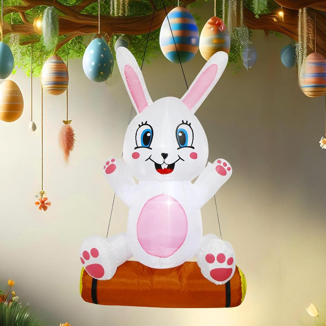 Easter Inflatable White Bunny Play Swing Lighted Decoration with Built-in Fan Outdoor Yard Lawn Garden Decorations 4 Feet /1.2M Tall (4ft- Swing Bunny)