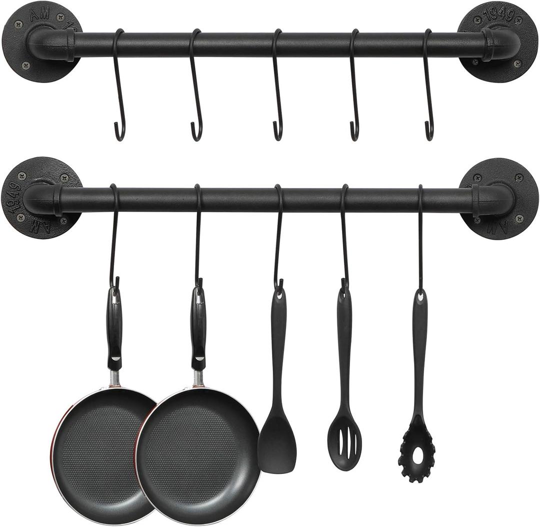 OROPY Wall Mounted Pot Pan Rack 21'' Set of 2, Industrial Utensils Wall Hanger Iron Pipe Kitchen Hanging Rail with 10 S Hooks