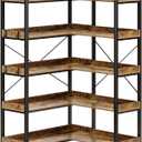 Rolanstar Bookshelf 5 Tier with 4 Hooks, Reversible Corner Bookshelf, 65" Industrial Wooden Bookcase with Open Shelves and Metal Frame for Living Room, Bedroom, Home Office, Rustic Brown