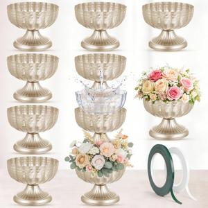 10 Pcs Metal Silver Compote Bowl Vase for Centerpiece 7.8'' Wide 6.3'' High Compote Pedestal Vases Champagne Flower Holder Indoor Outdoor for Wedding Birthday Home Party Decoration