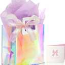 KeerxunBag 1 Pack Holographic Gift Bags with Handles & 2 Tissue Paper Sheets Iridescent Transparent Reusable Bags for Women, Girls, Birthdays, WeddingsPurple Gift Bag
