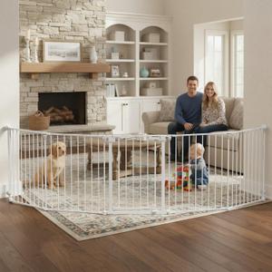 Mumeasy 126" Extra Wide Baby Gate for Doorways, Stairs & Fireplace, Auto Close Safety Dog & Pet Gate with Walk Thru Door, Childproof Fence for Hallway Kitchen House Indoor Outdoor,5 Metal Panels,White