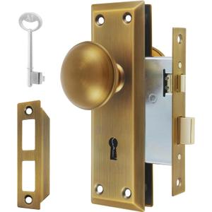 Vintage Door Knob for Interior Doors Antique Brass,2 Pack Antique Brass Mortise Lock Set, Old Fashioned Bathroom & Bedroom with Skeleton Key for Old House Doors