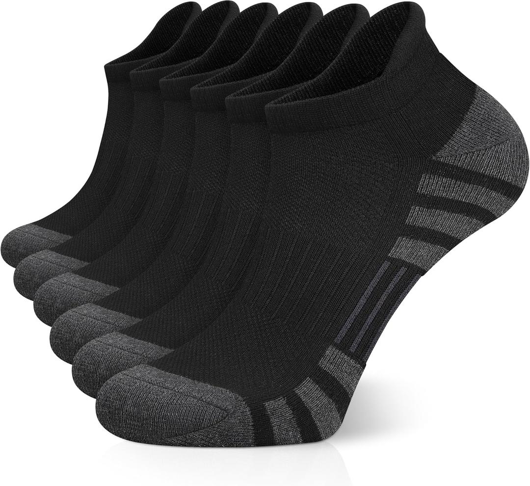 Airacker Ankle Athletic Running Socks Cushioned Breathable Low Cut Sports Tab Socks for Men and Women (6 Pairs) (9-12, Black)