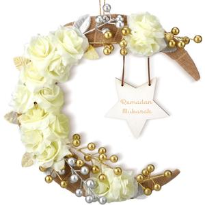 Eid Ramadan Mubarak Wreaths Ramadan Decorations for Home Front Door Eid Decor Round Metal Hoop Floral Hanging Garland for Wall Window Indoors Outdoor Farmhouse Decor