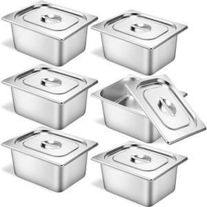 6 Set Stainless Steel Hotel Pans 1/2 Size 6 Inch Deep With Lids, Anti-Jam Chafing Steam Table Pans, Catering Food Storage Metal Pan