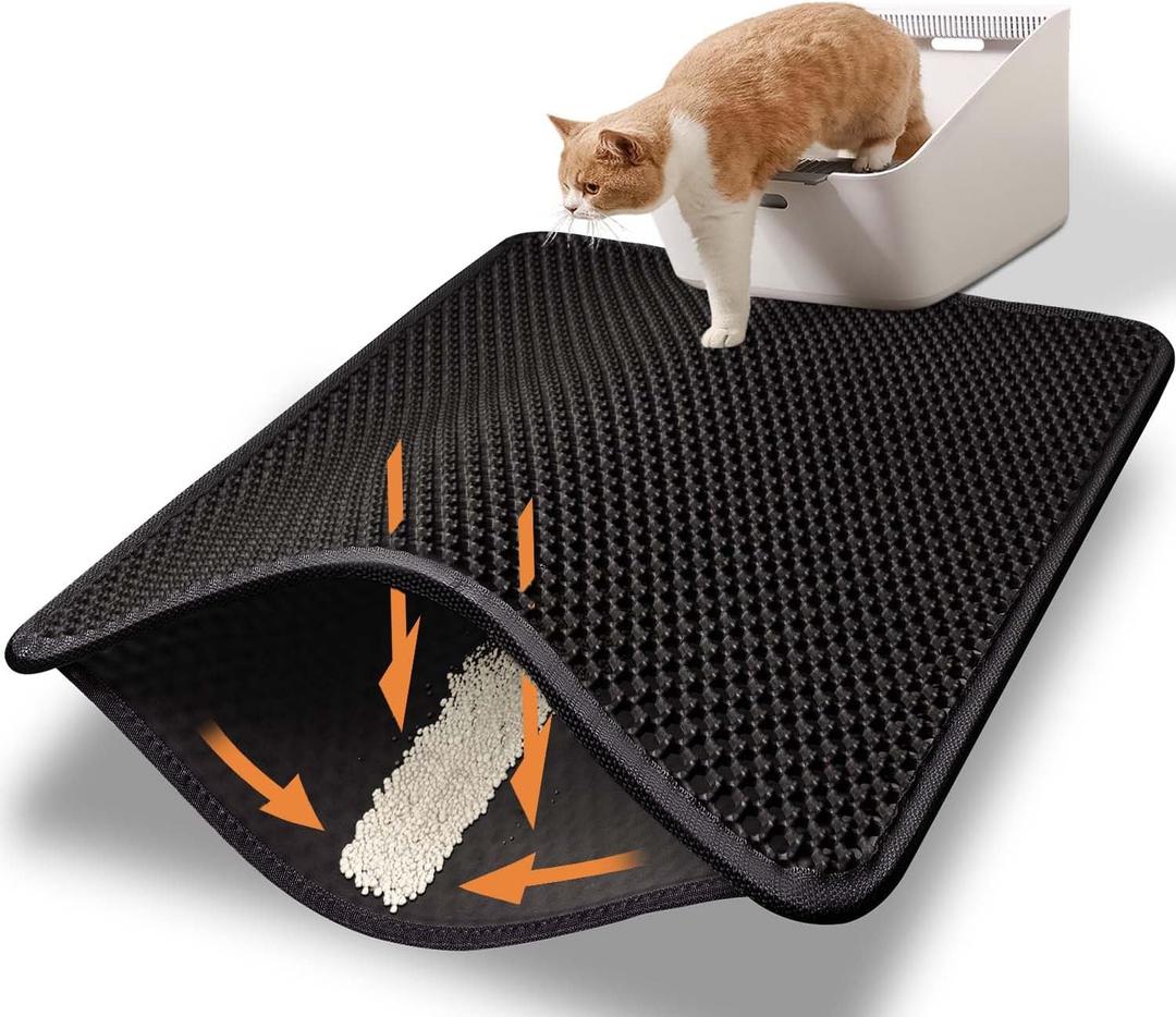 Cat Litter Mat Litter Box Mat, EVA Honeycomb Double Layer Design, Urine & Waterproof, Scatter Control Kitty Litter Mat, Less Waste, Easier To Clean, Washable, Black