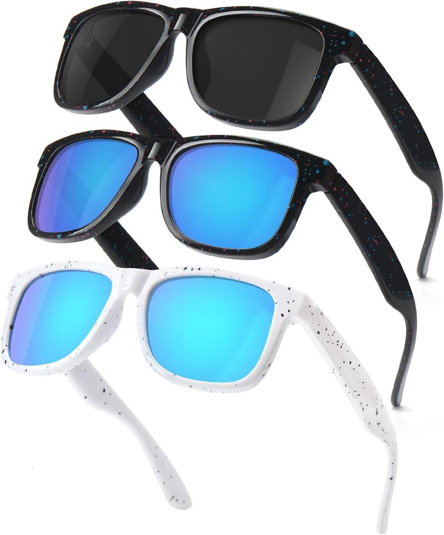 Kids Polarized Sunglasses Age 3-12 Toddler Shades for Boys Girls,Durable Sun Glasses with UV Protection (3pack-black+black/Blue+white/Blue)