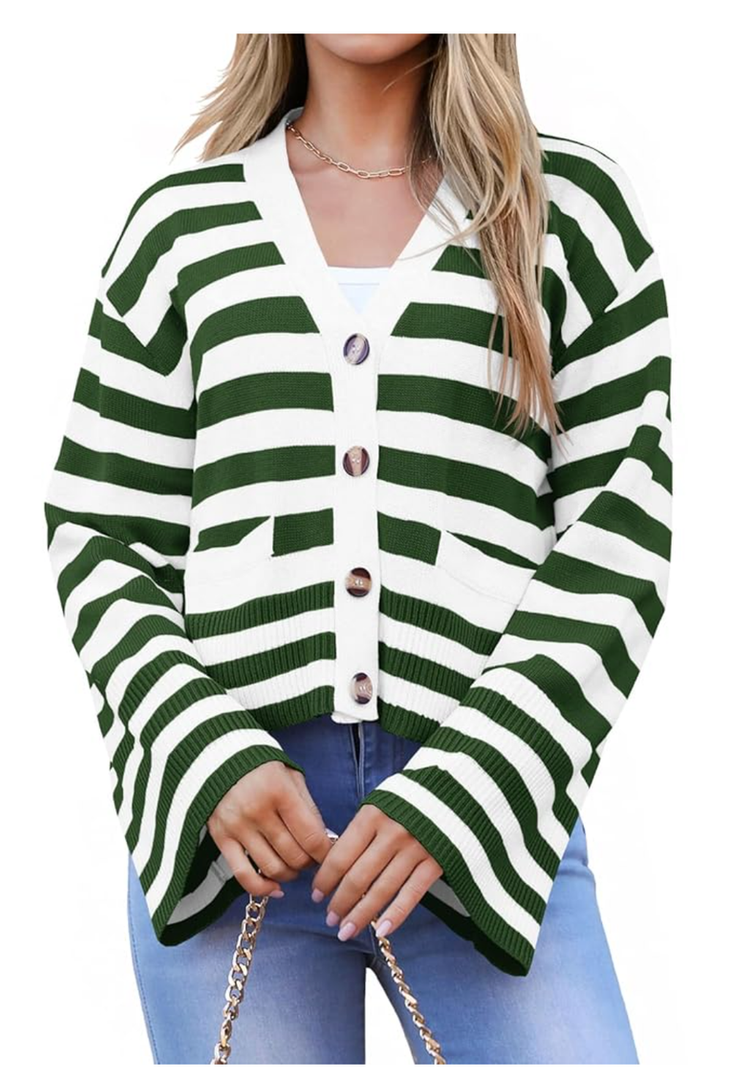 Saodimallsu Womens Striped Cardigan Sweaters Cropped Fall Button Open Front Long Sleeve Knit Sweater Coat with Pockets, Extra large, Dark Green 