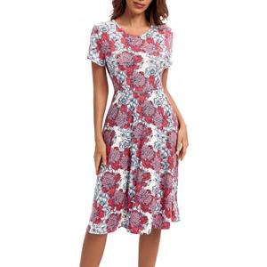 Urban CoCo Women's Vintage Short Sleeve High Waist Flared Midi Casual Summer Dress (Medium, #19)