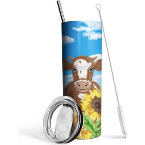 Sunflower Cow Tumbler-Cow Gifts for Women -Insulated Cute Cow Cup, Skinny Tumbler, Coffee Travel Mug, Water Bottle- Birthday Sunflower Gifts for Women Mom- Cow Print Stuff, Decor(20 Oz)