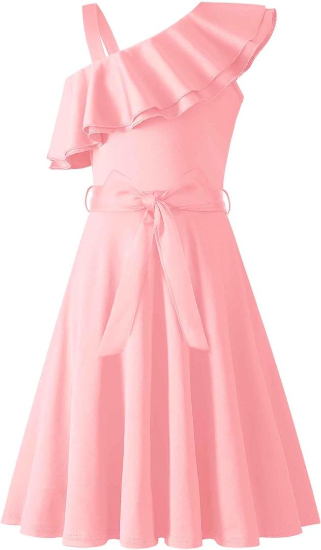 Arshiner Girls Dress One Shoulder Formal Ruffle Trim Birthday Party Dresses with Belted Pockets, Size 14