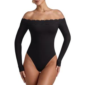 REORIA Women's Sexy Off The Shoulder Long Sleeve Bodysuit Lace Body Suits Going Out Tops Fall Outfit 2025 (Medium, Black Onyx)