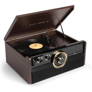 Victrola Empire Mid-Century 6-in-1 Turntable with 3 Speed Record Player, Bluetooth Connectivity, Radio, Cassette and CD Player (Espresso)