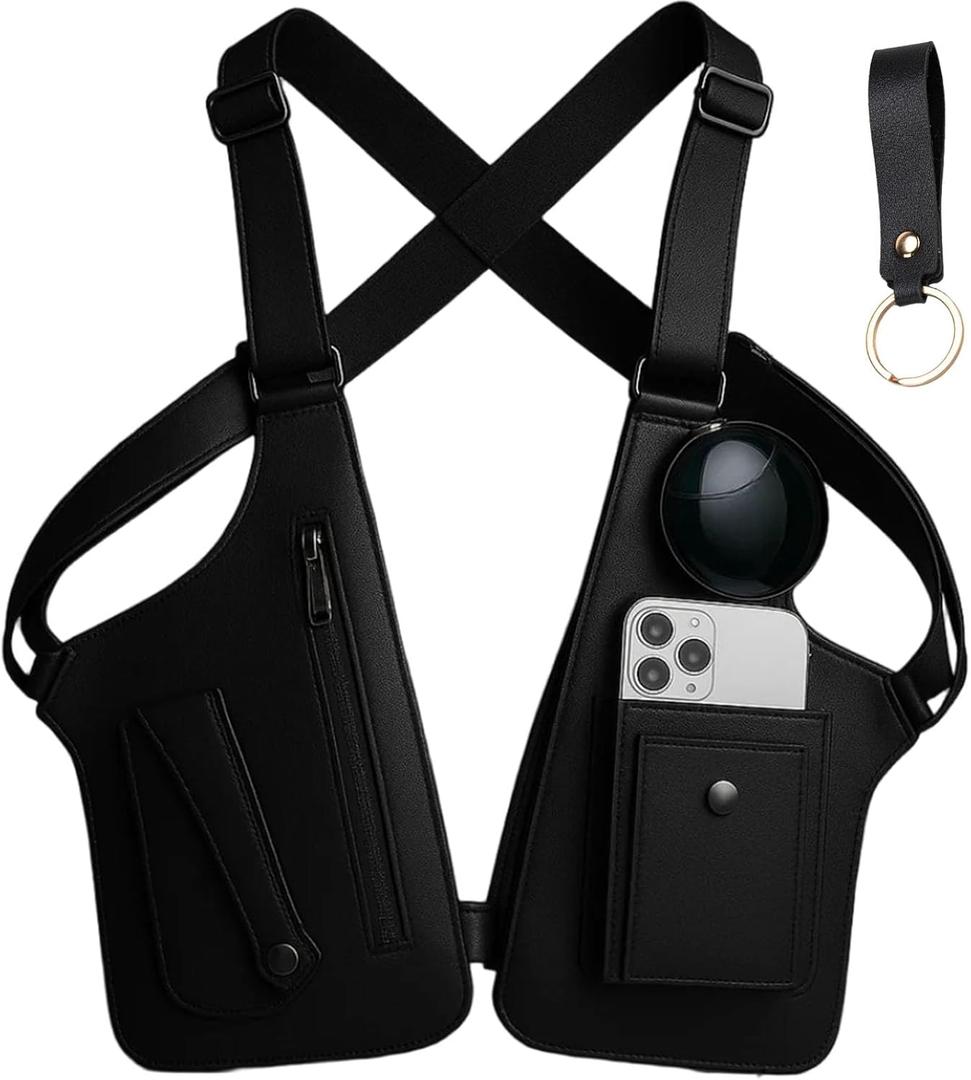 Premium Leather Shoulder Bag, Double Shoulder Armpit Bag, Anti-Theft Hidden Adjustable Strap Holste, Underarm Strap Wallet (Black)