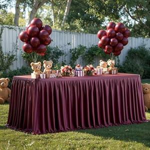 Partisky Burgundy Polyester Table Skirt for Rectangle Tables 6ft, Wrinkle Resistant Pleated Ruffle Table Cloth for Banquet Wedding Trade Baby Shower Display Gift Dining Table
