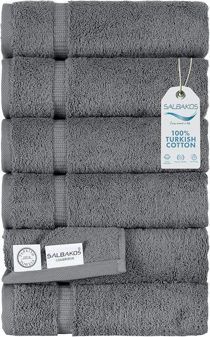 SALBAKOS 100% Turkish Cotton Hand Towels Set 6-Piece Gray 16x30 in | Luxury Premium Quality Thick Super Absorbent Turkish Hand Towel for Bathroom & Kitchen | Made in Turkey (Gray, 6 Hand Towels)