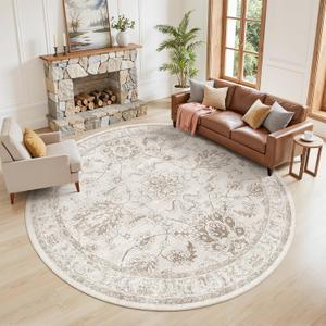 Madane Washable Round Rug 9ft for Living Room,Soft Natural Rug Brown/Ivory | Vintage Floral Circle Area Rug, Ultra-Thin Non-Slip 9x9 Round Throw Carpet for Entryway Nursery Bedroom Kitchen Dining Room