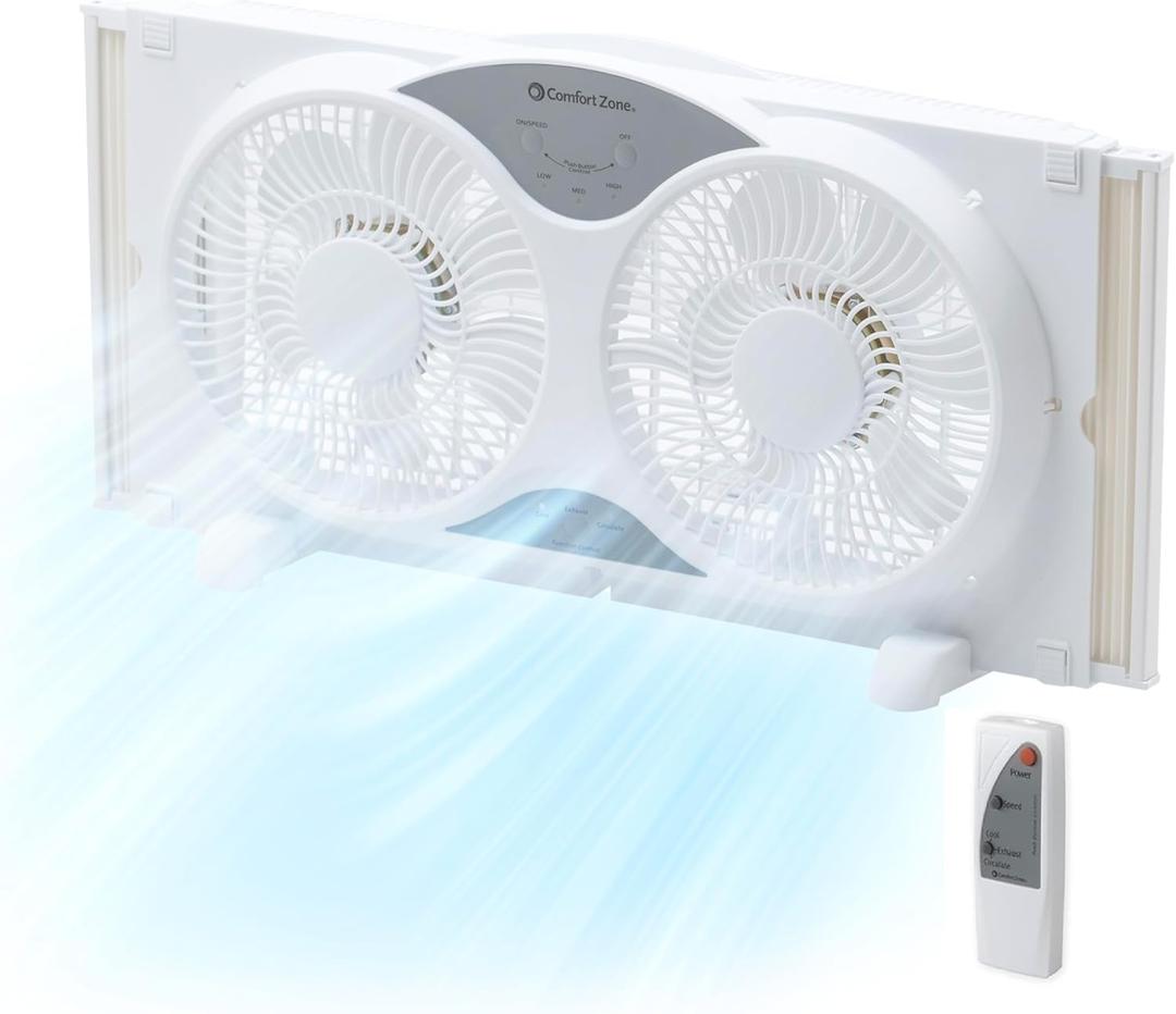 Comfort Zone Window Fan for Bedroom, 9 inch 3 Speed Dual Fans with Auto-Locking Expanders, 3 Modes (Cool, Circulate, Exhaust), Remote Control, Fabric Cover plus Bug Screen, White