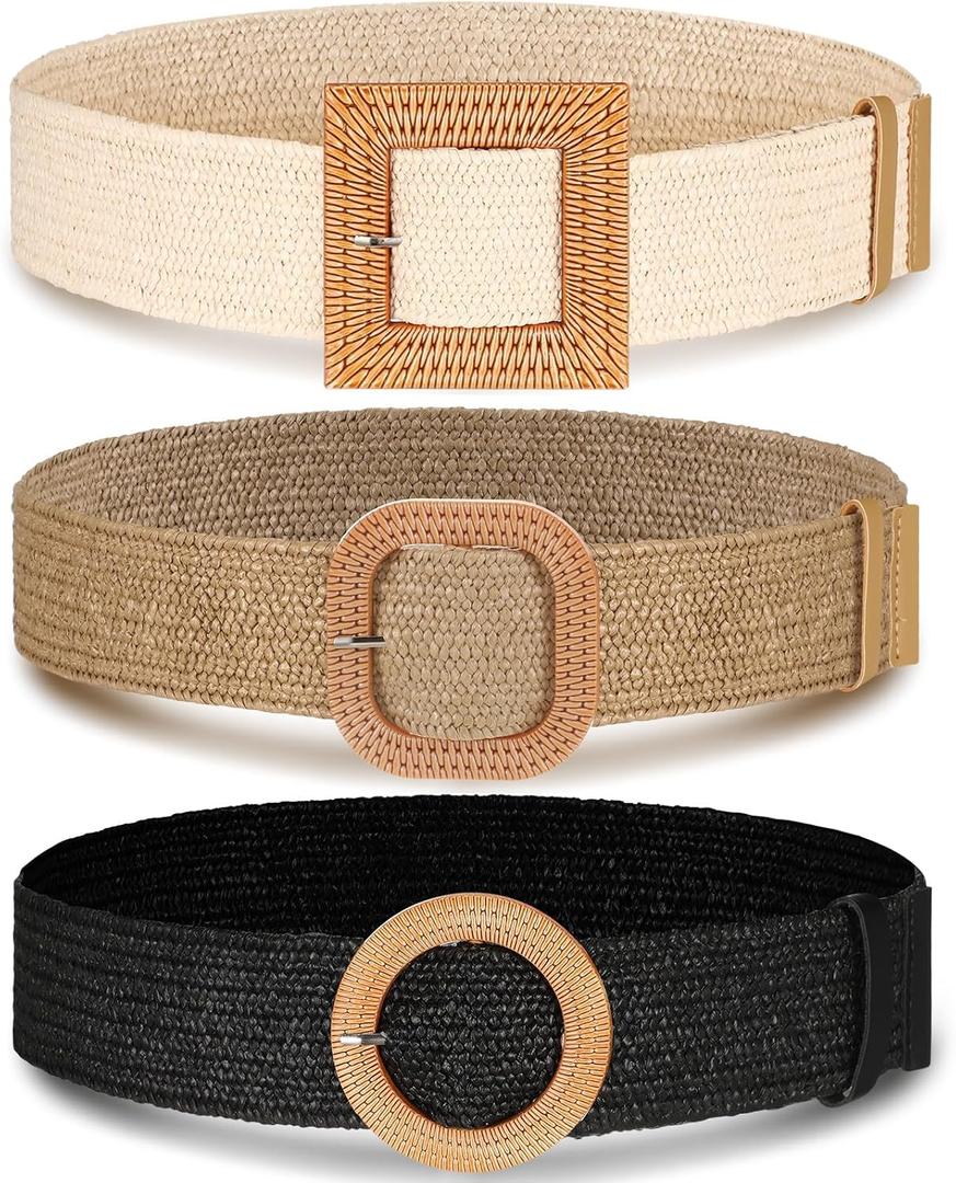 Syhood 3 Pieces Straw Woven Elastic Waist Belt for Women Bohemian Dress Braided Belt (Fit Waist Size Below 40'', Black, Khaki, Beige)