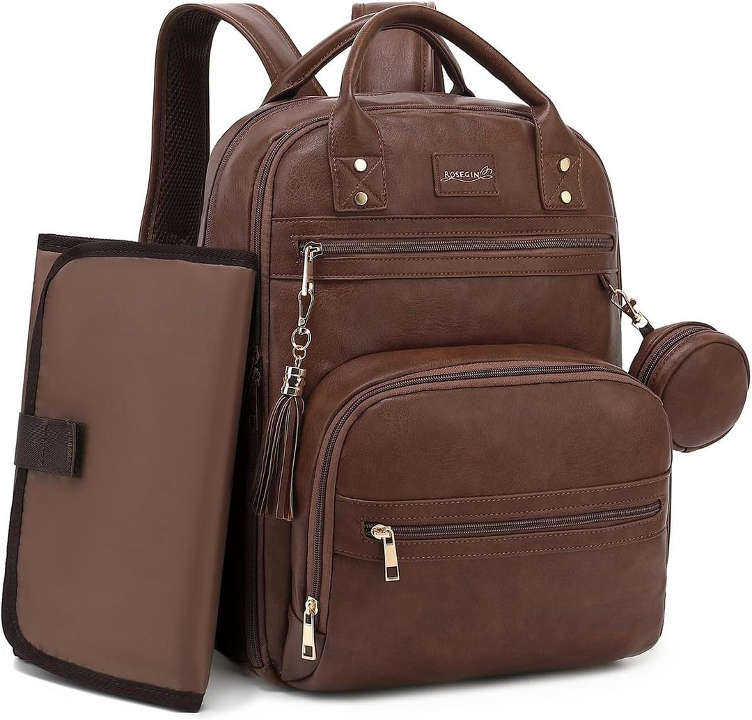 ROSEGIN Premium Vegan Leather Diaper Bag Backpack with Waterproof Changing Pad, Reinforced Zippers & Odor-Free,20 Pockets Pro Organizer, Fits 15.6" Laptop, Stroller Straps, Baby Bag for Mom,Dark Brown, Standard