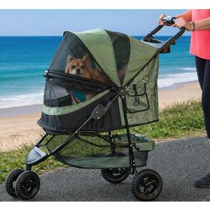 Pet Gear No-Zip Special Edition 3 Wheel Pet Stroller for Cats/Dogs, Zipperless Entry, Easy One-Hand Fold, Removable Liner, Cup Holder, Green Clover