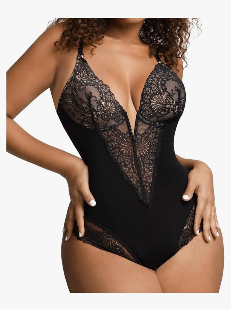 Popilush Shapewear Bodysuits for Women Lace Corset Tops Tummy Control V Neck Sleeveless Body Suit Thongs L