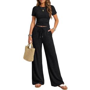 Trendy Queen Womens Lounge Two 2 Piece Sets Summer Spring 2026 Airport Outfits Travel Matching Sweatsuit Sweat Suit Workout Cruise Clothes Vacation Loungewear Pajamas Fashion Holiday Black Large