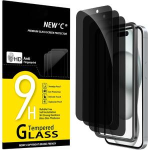 NEW'C 3 Pack Privacy for iPhone 16, iPhone 15 Screen Protector (6.1 inches), Anti-Spy Tempered Glass Film, Enhanced 28-Degree Privacy Angle with easy installation tool included