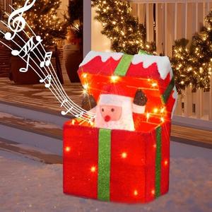 PEIDUO Animated Christmas Santa in Lighted Gift Box, Motion Sensor Christmas Music Decorative Lights, Under The Christmas Tree Present Decorations for Indoor Outdoor Yard Home Holiday Decor