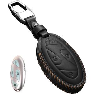 Genuine Leather Compatible with Hyundai Key Fob Cover fit 2025 Elanrtra Sonata Ioniq Santa Fe Santa Cruz Tucson 5 Buttons Accessories Keychains (Black)