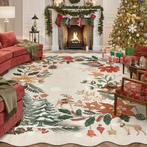 Lahome Floral Christmas Rugs for Living Room, Washable Christmas Rug 8x10 Under Bed Soft Xmas Tree Rug, Stain Resistance Large Carpets for Dining Room Office Home Decor, Beige/Multi