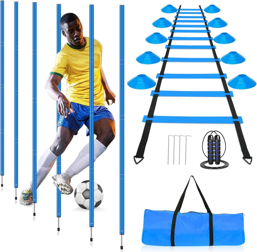HOTOOLME Agility Training Poles Equipment Soccer Training Equipment includes 6 Agility Poles,Agility Ladder, 10 Soccer Cones,Jump Rope for Speed Training, Soccer Training, Basketball Athletes & Kids (Blue)