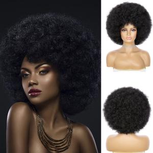 Soft Afro Wig 70s For Women Kinky Curly Hair Wigs With Bangs Natural Looking Short Curly Wig For Men Bouncy Black Puff Synthetic Hair Wig For Daily Party Use
