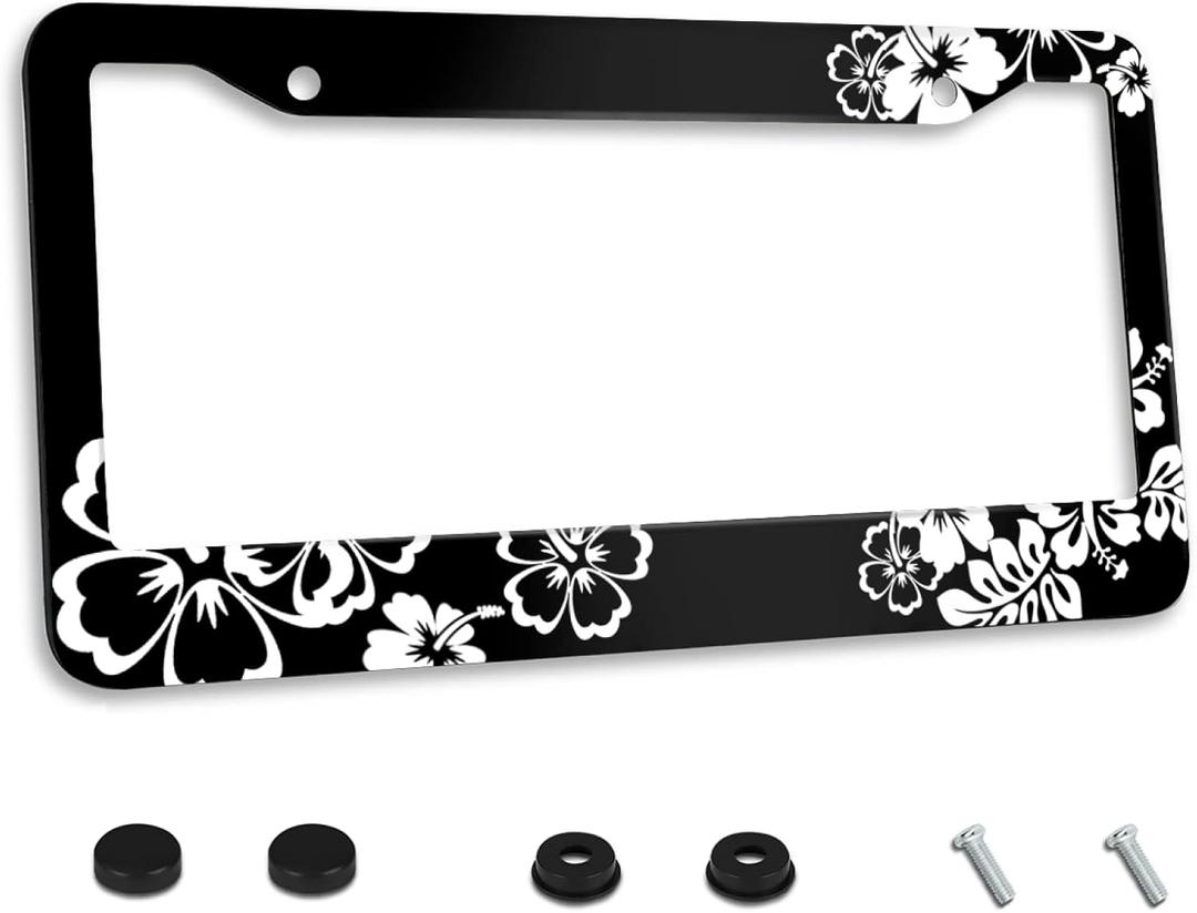 Personalized License Plate Frame Beautiful Hibiscus Flowers Stainless Steel License Plate Holder Accessory Decorative 2 Holes and Screws Fits US Standard License Plates 12.2 x 6.3 in for Men Women (One size)